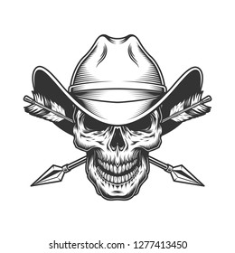 Vintage skull in cowboy hat with crossed arrows in monochrome style isolated vector illustration