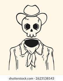 Ilustração de cowboy caveira vintage com uma cabeça flutuante com chapéu e cachecol.