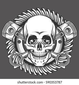 Vintage Skull With Crossed Piston and Motorcycle Gear Emblem. Biker Club or Motorcycles workshop design element. Vector illustration in engraving style.