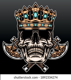 Vintage skull crown with axe. Premium vector