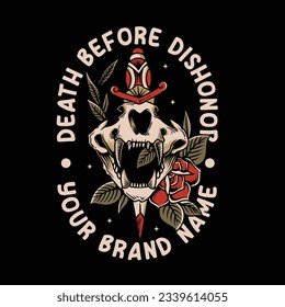 vintage skull with dagger and rose, illustration for apparel