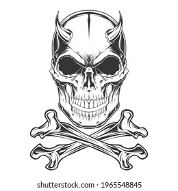 Vintage skull devil and crossbones horns monochrome template