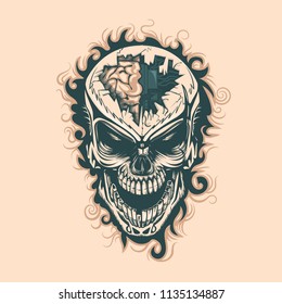 Vintage skull with electronics in mind, monochrome hand drawn tattoo style