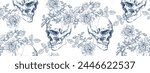 Vintage skull with flowers seamless pattern on transparent background	