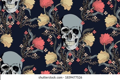 Vintage skull with flowers seamless pattern	
