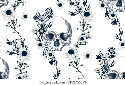 Vintage  skull with flowers seamless pattern	
