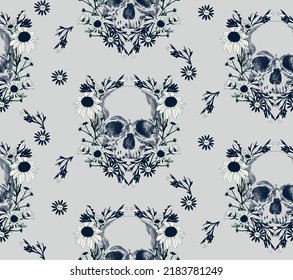 Vintage  skull with flowers seamless pattern	