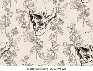 Vintage  skull with flowers seamless pattern	