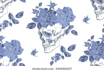 Vintage skull with flowers seamless pattern on transparent background	