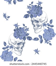Vintage skull with flowers seamless pattern on transparent background	
