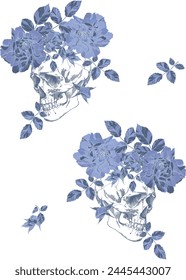 Vintage skull with flowers seamless pattern on transparent background