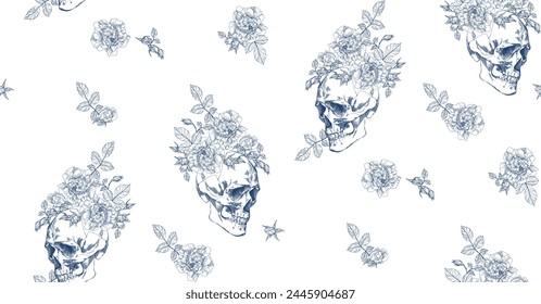 Vintage skull with flowers seamless pattern on transparent background	