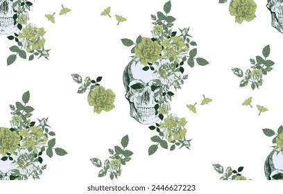 Vintage skull with flowers seamless pattern on transparent background	
