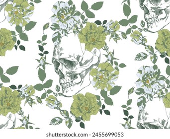 Vintage skull with flowers seamless pattern on transparent background	
