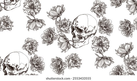 Vintage skull with flowers seamless pattern on transparent background	