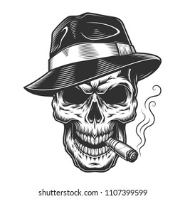 Vintage skull gangster concept with cigarette and hat isolated vector illustration