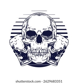 Vintage skull with glass beer on background