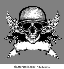 Vintage skull grunge biker motorcycle vector label. Skull in helmet with wings illustration
