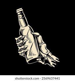 Vintage skull hand holding beer bottle vector illustration