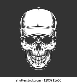 Vintage skull head in baseball cap in monochrome style isolated vector illustration