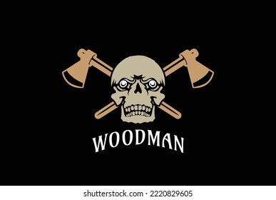 Vintage Skull Head Face With Ax For Woodman Lumberjack Timber Logo Design