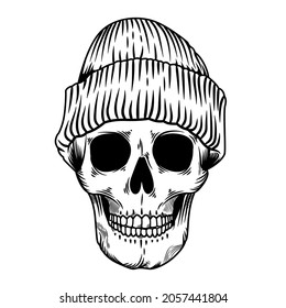 vintage skull head illustration with beanie hat