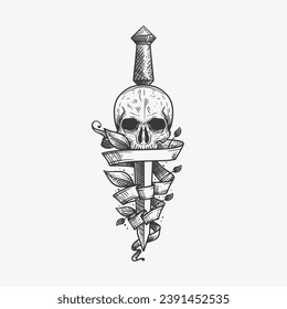 vintage skull head logo design with leaf and dagger ornament