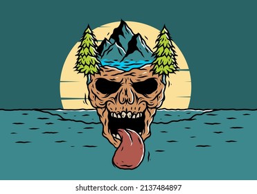 Vintage skull head of nature illustration design