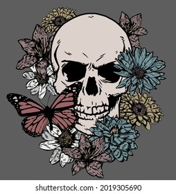 Vintage Skull Illustration Print With Wild Flowers And Butterfly For Man - Woman Graphic Tee T Shirt Or Tattoo - Vector