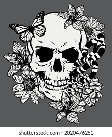Vintage Skull Illustration Print With Wild Flowers Butterfly And Snake For Man - Woman Graphic Tee T Shirt Or Tattoo - Vector