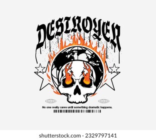 vintage skull illustration for a t-shirt depicting a globe engulfed in flames, with a skull with eyes of fire for streetwear t-shirt design and urban style, hoodies, etc