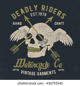 vintage skull illustration with wings for tee print