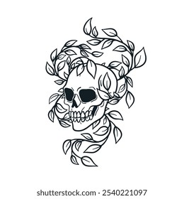 Vintage skull with leaf. Skeleton head bone, old retro tattoo design. Outlined contoured creepy ink drawing. Horror symbol. Hand-drawn engraved vector illustration isolated on white background