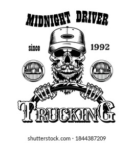 Vintage skull of midnight driver vector illustration. Monochrome dead head of bearded man. Shipment and transportation concept can be used for retro template, banner or poster