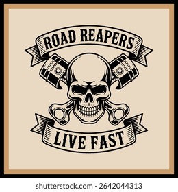 Vintage skull motorcycle crew logo, old-school tattoo style with text "road reapers live fast"