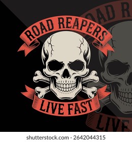 Vintage skull motorcycle crew logo, old-school tattoo style with text "road reapers live fast"