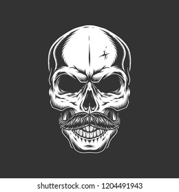 Vintage skull with mustache in monochrome style isolated vector illustration