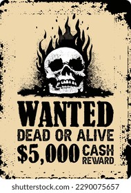 Vintage skull old west poster, retro sticker, wanted, dead or alive, cash, skull firing