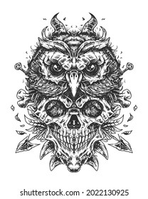 Vintage skull and owl head on the top with arrows in monochrome style isolated vector illustration 