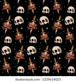 vintage skull pattern with oldschool rose, seamless pattern, skull pattern