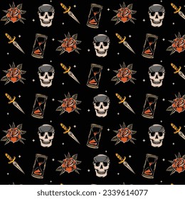 vintage skull pattern with oldschool rose, seamless pattern, skull pattern