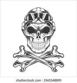 Vintage skull Pilot helmet and crossbones monochrome template