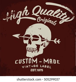 Vintage Skull print for t-shirt or apparel. Old school vector graphic for fashion and printing. Retro artwork and typography