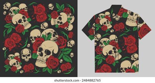 Vintage Skull and Red Rose Seamless Pattern Design