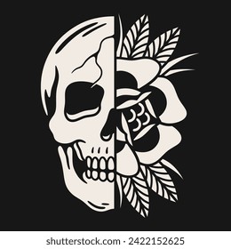 Vintage skull and rose tattoo vector design