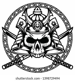 Vintage Skull Samurai Head with crossed Katana sword Suitable T-shirt