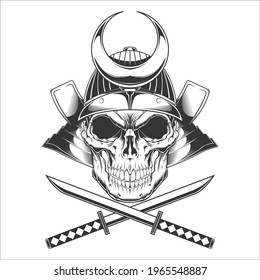 Vintage skull samurai helmet and katana monochrome template