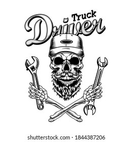 Vintage skull of serviceman vector illustration. Monochrome dead bearded man holding spanners. Repair and service concept can be used for retro template, banner or poster