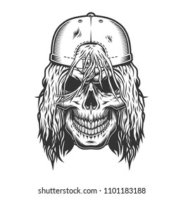 Vintage skull skateboarder template with long hair and cap isolated vector illustration