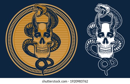 vintage skull and snake in circle line background illustration